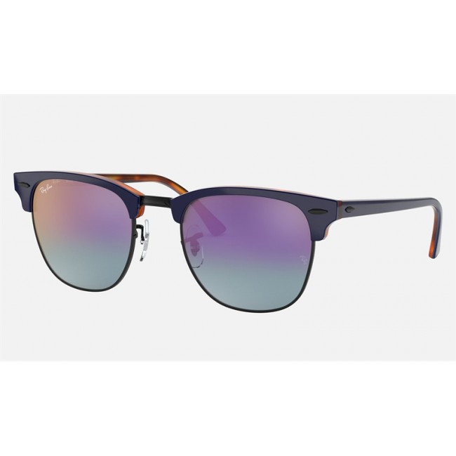 Ray Ban Clubmaster Color Mix Low Bridge Fit RB3016 Gradient Mirror + Blue Frame Blue/Pink Gradient Mirror Lens Sunglasses