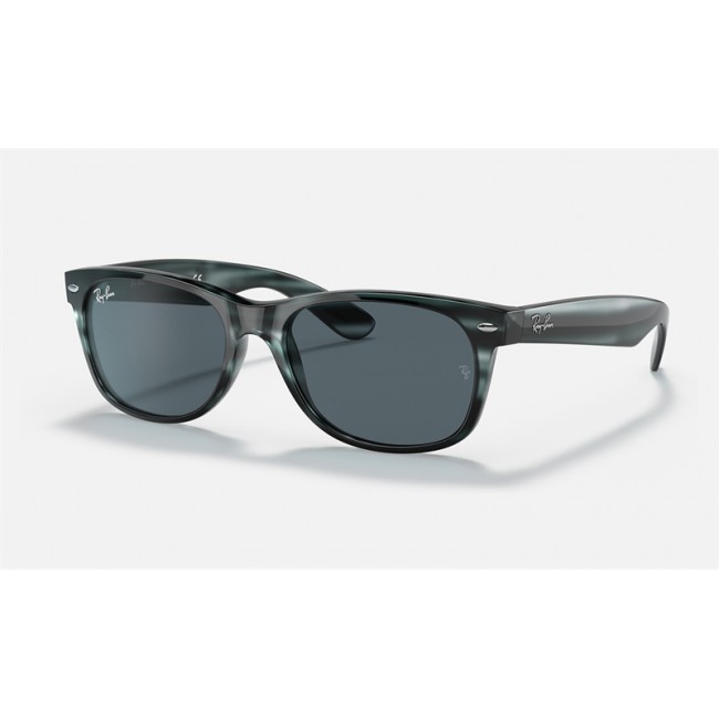 Ray Ban New Wayfarer Color Mix Low Bridge Fit RB2132 Classic + Striped Blue Frame Blue Classic Lens Sunglasses