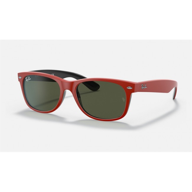 Ray Ban New Wayfarer Color Mix RB2132 Classic G-15 + Red Frame Green Classic G-15 Lens Sunglasses