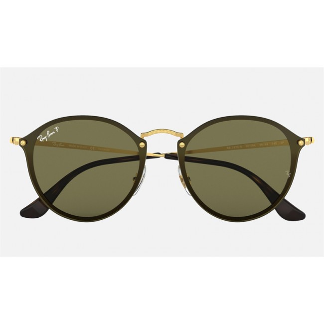 Ray Ban Round Blaze Round RB3574 Polarized Classic G-15 + Gold Frame Green Classic G-15 Lens Sunglasses