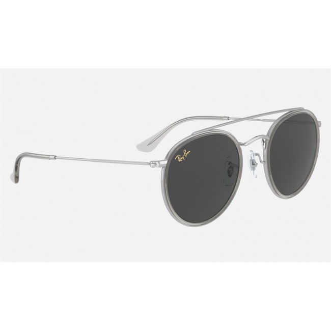 Ray Ban Round Double Bridge Legend RB3647 Classic + Shiny Silver Frame Dark Grey Classic Lens Sunglasses