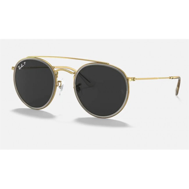 Ray Ban Round Double Bridge RB3647N Shiny Gold Frame Polarized Black Classic Lens Sunglasses