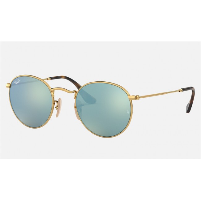Ray Ban Round Flat Lenses RB3447 Flash + Gold Frame Silver Flash Lens Sunglasses
