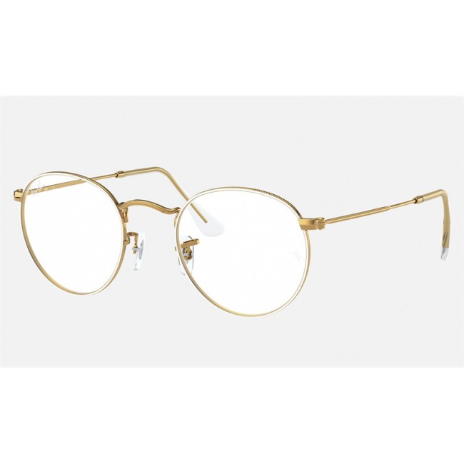 Ray Ban Round Metal Optics RB3447 Demo Lens White Shiny Gold Frame Clear Lens Sunglasses